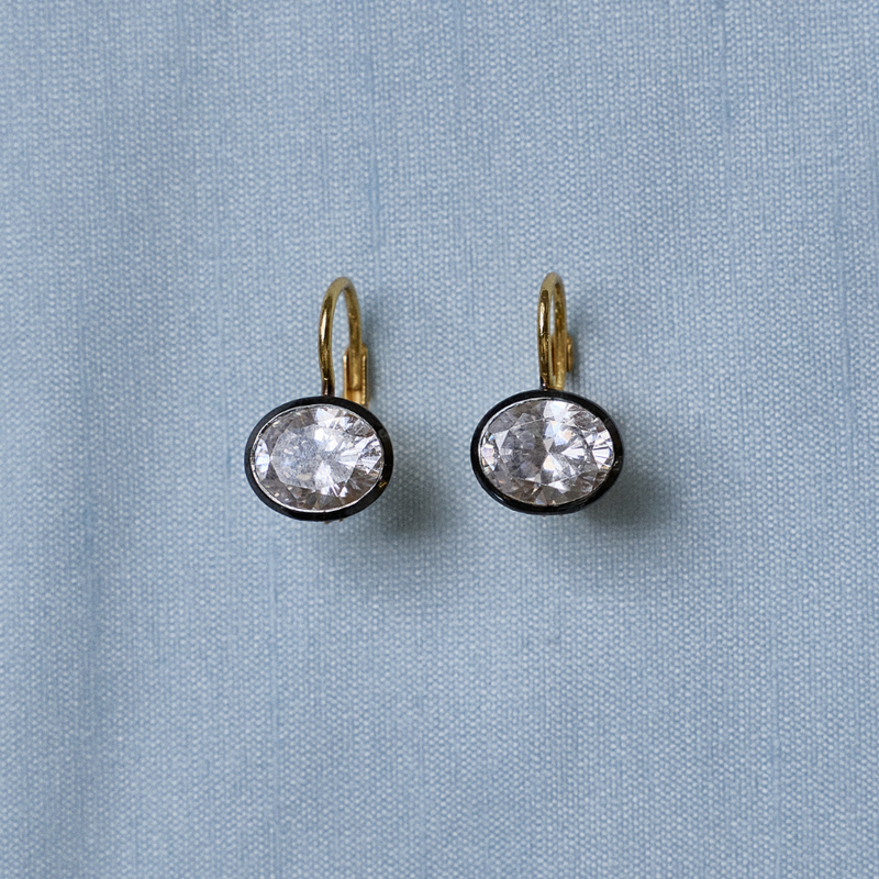 Rhodium Oval Bezel Drop Earrings