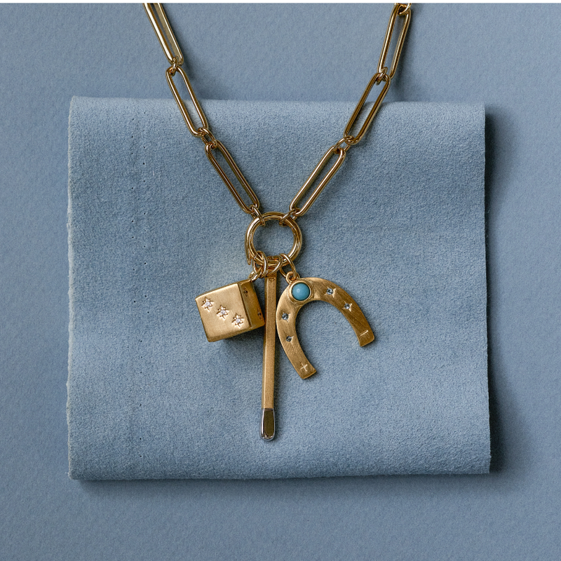 Mixed Link Charm Clip Lariat with Cosmic Dice Charm, Large Divine Spark Matchstick, and Law of Attraction Magnet