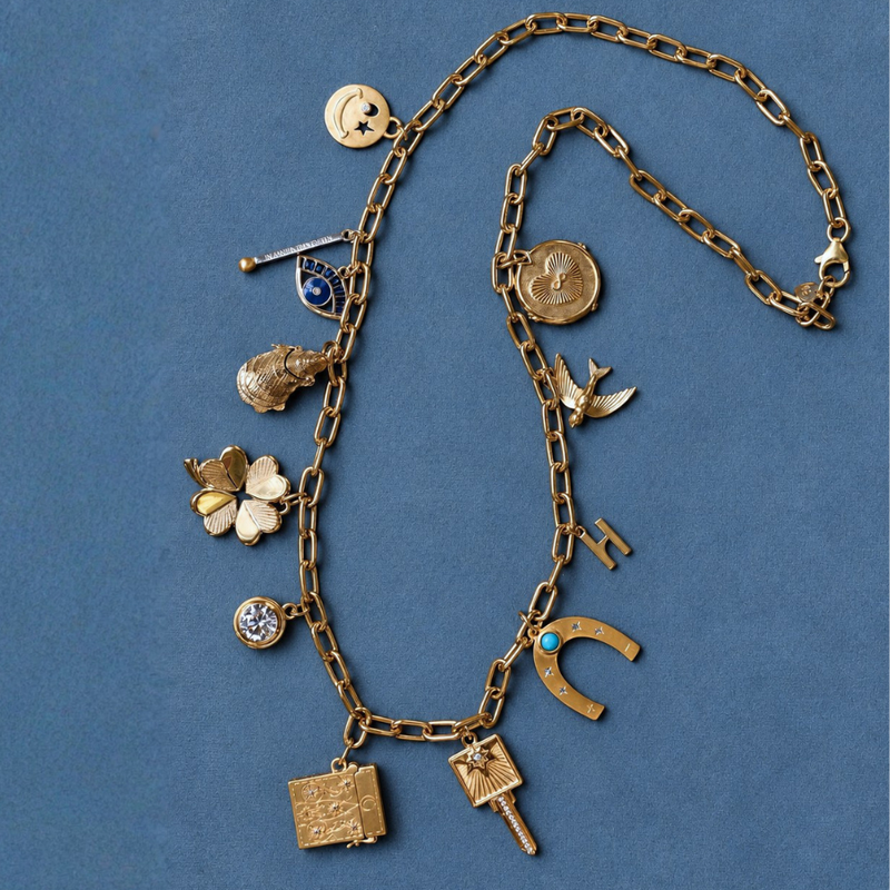 Heritage Chain with Smiley Face Charm, Divine Spark Matchstick Charm, Sapphire Evil Eye, Oyster Vesta Case, Small Luck and Love Clover, Bezel Charm, Etched Vesta Case, Compass Key Charm, Law of Attraction Magnet, Small Letter Charm, Bird Charm, and Amor Coin