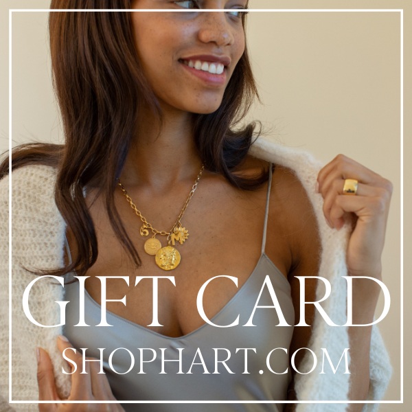 GIFT CARD Text with Shophart.com written over Gift Card image of girl wearing sweater and silk dress and wearing a gold charm necklace and a gold ring