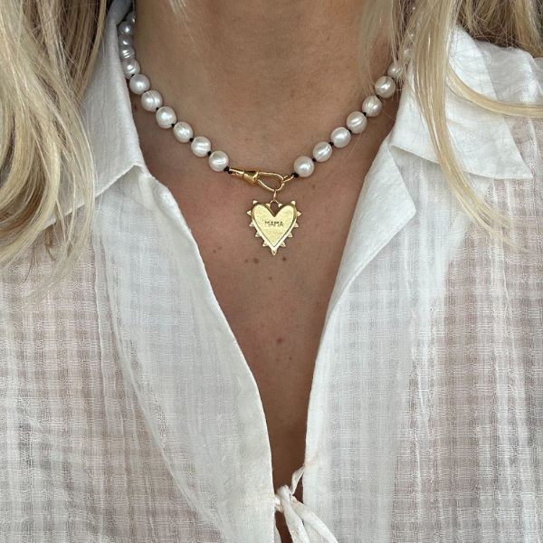 Pearl necklace with radiant mama heart charm