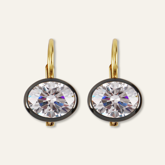 Rhodium Oval Bezel Drop Earrings