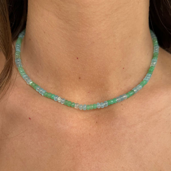 3x3 Blue Aventurine and Green Chrysoprase Gemstone Necklace