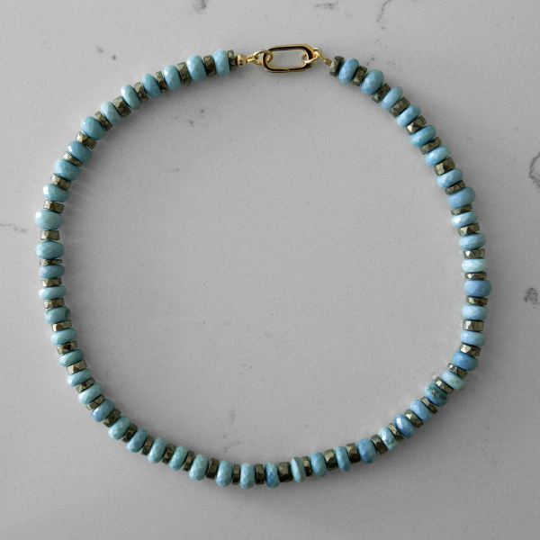 Alternating Pyrite and Faceted Blue Opal Gemstone Necklace