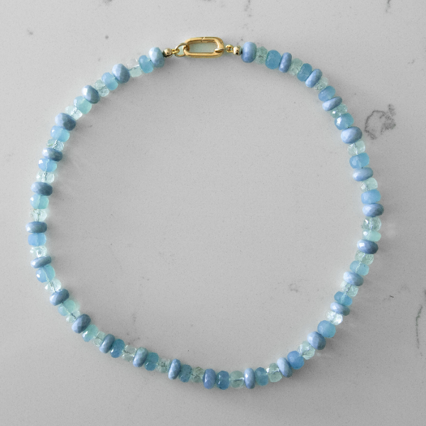 Alternating Faceted Blue Opal, Light Aquamarine, and Blue Chalcedony