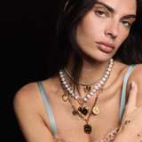 Green Lurex Necklace Cord with Butterfly Charm, Bezel Tennis Necklace, Pearl Necklace with Heart Vesta Case, Mixed Link Chain with Small Heart of Gold Charm, Sapphire Evil Eye, Soul or Ego Charm, Amor Coin, and Bird Charm