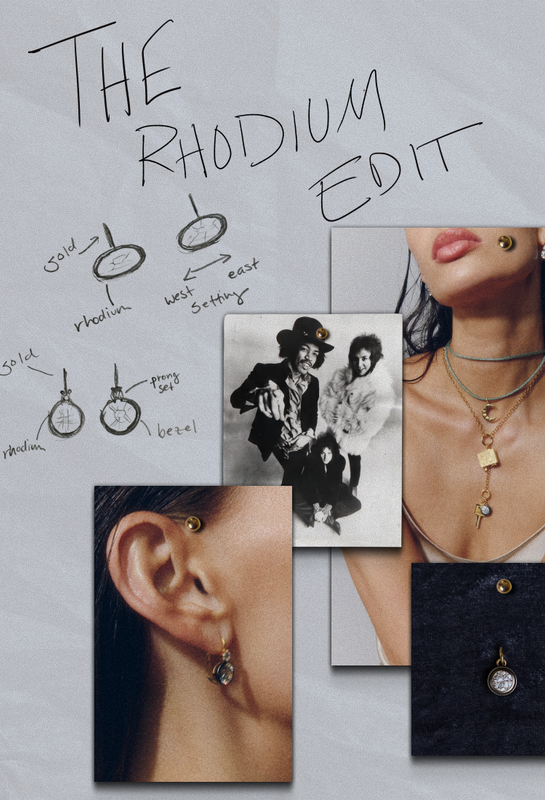 A collage-style promotional graphic for jewelry, with the handwritten title 'THE RHODIUM EDIT' over a light gray background. The layout includes hand-drawn diagrams of crystal settings, a black-and-white vintage photo, close-up photos of a woman's ear with Rhodium Double Bezel Drop Earrings and neck wearing Green Lurex Necklace Cord with Crescent Moon, Classic Rolo Charm Clip Lariat Necklace with charms, and a dark fabric detail showing the Rhodium Bezel Charm.