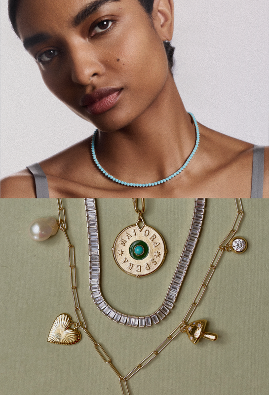 Model wearing Turquoise Tennis Necklace; Flay lay image of Dream Bigger Coin, Baguette Tennis Necklace, Long Link Chain with Baroque Pearl, Small Ribbed Heart of Gold, Law of Attraction Coin, Shroomy, Small Bezel Charm