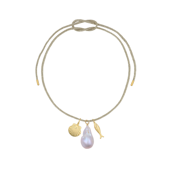 Gold Lurex Necklace Cord: Gold Scallop, Baroque Pearl, Gold Fish