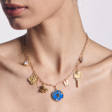Jane Chain with small bezel, flying piggy, Nashville iris, love and fear coin, compass key, small letter M, two-toned heart - silver side
