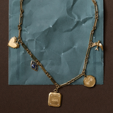 Mixed Link Chain with Small Heart of Gold, Sapphire Evil Eye, Soul or Ego Charm, Amor Coin, and Bird Charm