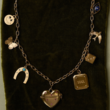 Chunky Chain with Smiley Face, Butterfly Charm, Law of Attraction Magnet, Heart Vesta Case, Soul or Ego Charm, Cosmic Dice Charm, Bird Charm, Sapphire Evil Eye