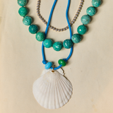 Blue Beaded Shell Necklace, Bezel Tennis Necklace, Turquoise Gemstone