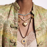 Dainty Bezel Necklace, Turquoise Tennis Necklace, Heritage Chain with Soul & Ego, Heart Vesta Case, Law of Attraction Magnet, and Dice Charm, Brown Suede Necklace Cord with Law of Attraction Coin