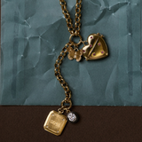 Chunky Rolo Charm Clip Lariat Necklace with Butterfly Charm, Heart Vesta Case, Soul or Ego Charm, and Rhodium Bezel Charm