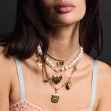 Green Lurex Necklace Cord with Butterfly Charm, Pearl Necklace with Heart Vesta Case, Mixed Link Chain with Small Heart of Gold, Sapphire Evil Eye, Soul or Ego Charm, Amor Coin, and Bird Charm