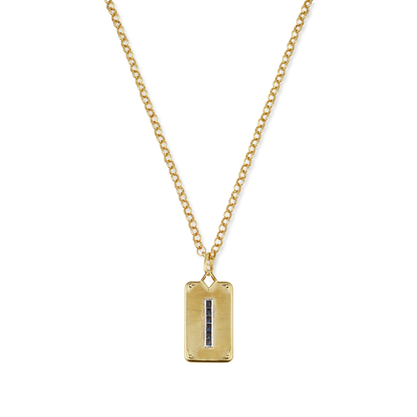 Gold necklace with a rectangular pendant on a white background