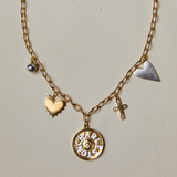 Disco ball, Grace Heart Charm, Cosmos Cross Charm, Charleston Enamel, Small heart of gold on loaded charm necklace