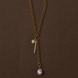 Chunky Rolo Charm Clip Lariat Necklace with Chartreuse Enamel Bezel Charm, Divine Spark Matchstick, and Baroque Pearl