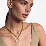 Chunky Rolo Charm Clip Lariat Necklace styled without the Lariat extender; model is wearing the Law of Attraction Magnet, Large Divine Spark Matchstick, and Chartreuse Enamel Bezel Charm