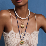 Pearl Necklace, Classic Rolo Charm Clip Lariat Necklace with Arrow Heart, BlueEnamel Bezel, Carpe Diem, and Apple Charm, Navy Necklace Cord with Law Of Attraction Coin