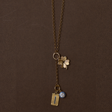 Classic Rolo Charm Clip Lariat Necklace with Small Luck and Love Clover, Carpe Diem, and Enamel Blue Bezel Charm