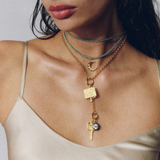 Green Lurex Cord with Crescent Moon; Classic Rolo Charm Clip Lariat Necklace with Etched Vesta Case, Compass Key, and Rhodium Bezel Charm