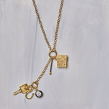 Classic Rolo Charm Clip Lariat Necklace with Divine Spark Matchstick, Etched Vesta Case, Compass Key, Small Fortuna Horseshoe, Rhodium Bezel Charm