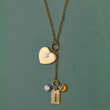 Classic Rolo Charm Clip Lariat Necklace with Arrow Heart, BlueEnamel Bezel, Carpe Diem, and Apple Charm