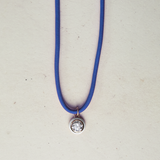 Bright Blue Necklace Cord with White Enamel Bezel Charm