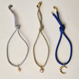 Silver Lurex Bracelet Cord with Cloud Pearl, Gold Lurex Bracelet Cord with Small Bezel, Navy Bracelet Cord with Crescent Moon