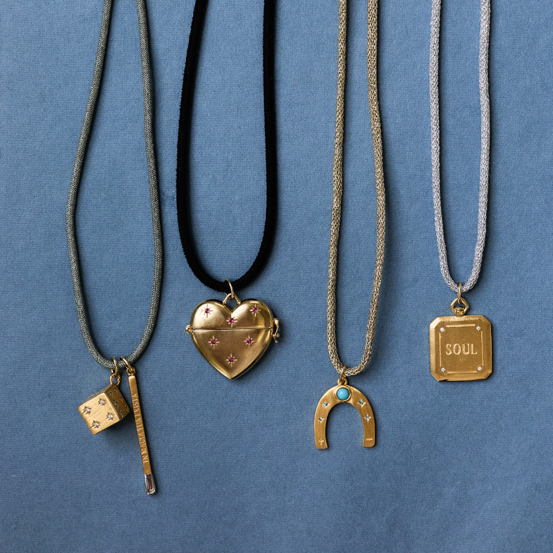 Green Lurex Necklace Cord with Cosmic Dice Charm and Large Divine Spark Matchstick, Black Suede Necklace Cord with Heart Vesta Case, Gold Lurex Necklace Cord with Law of Attraction Magnet, Silver Lurex Necklace Cord with Soul or Ego Charm