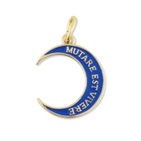 Crescent moon-shaped pendant with blue enamel and gold border on a white background