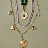 Malachite Gemstone Necklace with Dream Bigger Coin, Baguette Tennis Necklace, and Long Link Chain with Baroque Pearl, Small Ribbed Heart of Gold, Law of Attraction Coin, Shroomy Charm, and Small Bezel charm