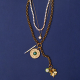 Bezel Tennis Necklace, Dainty Bezel Necklace, Chunky Rolo Lariat Necklace with Large Divine Spark Matchstick, Dream Bigger Coin, Chartreuse Enamel Bezel Charm, Small Luck & Love Clover
