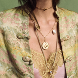 Long Link Chain with Bezel Charm, Small Ribbed Heart of Gold, Dream Bigger Coin, Baroque Pearl, and Shroomy Charm; Gold Lurex Necklace Cord with Bezel Charm