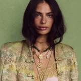 Malachite Gemstone Necklace with Law of Attraction Coin, and Long Link Chain with Small Ribbed Heart of Gold, Dream Bigger Coin, Baroque Pearl, Shroomy Charm, and Gold Lurex Necklace Cord with Courage Coin