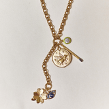 Chunky Rolo Charm Clip Lariat Necklace with Dream Bigger Coin, Large Divine Spark Matchstick, Chartreuse Enamel Bezel Charm, Small Luck & Love Clover, and Evil Eye
