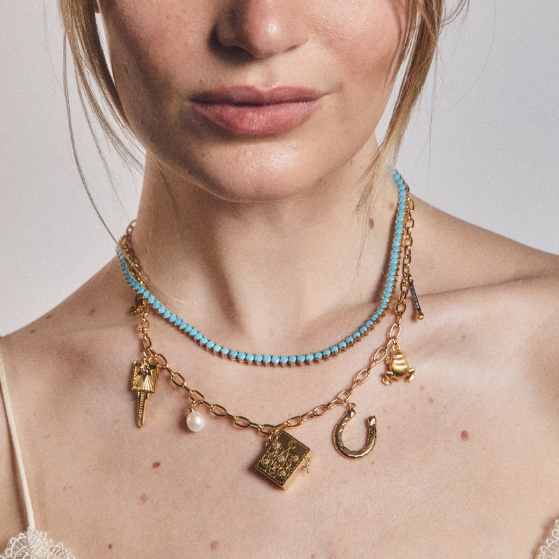 Turquoise Tennis Necklace, Loaded Charm Necklace