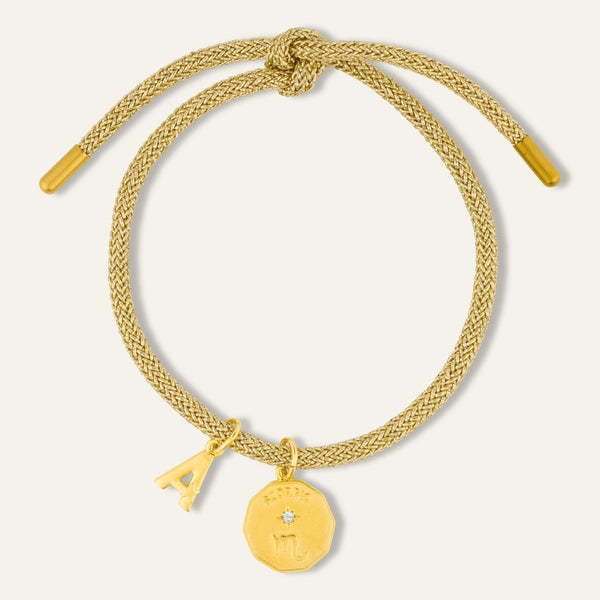 Gold Lurex Bracelet with Elemental Zodiac + Initial Charms