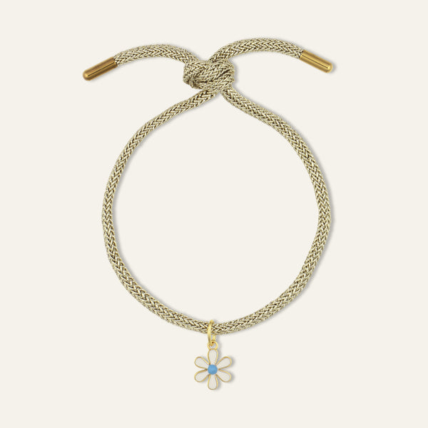 Gold Lurex Bracelet Cord with Mini White Enamel Flower Charm