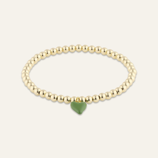 Bead Bracelet with Mini Green Enamel Heart Charm