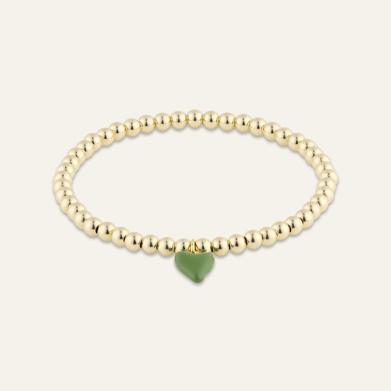 Bead Bracelet with Mini Green Enamel Heart Charm