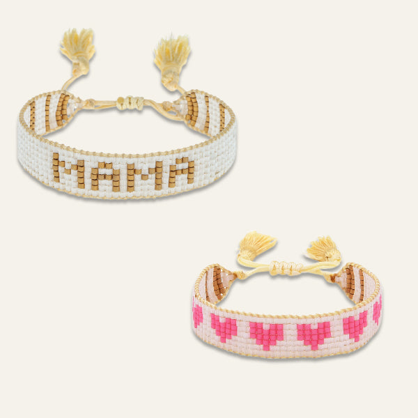 Mini & Me: Small White & Gold MAMA + Pink Kids Hearts Beaded Bracelet Set