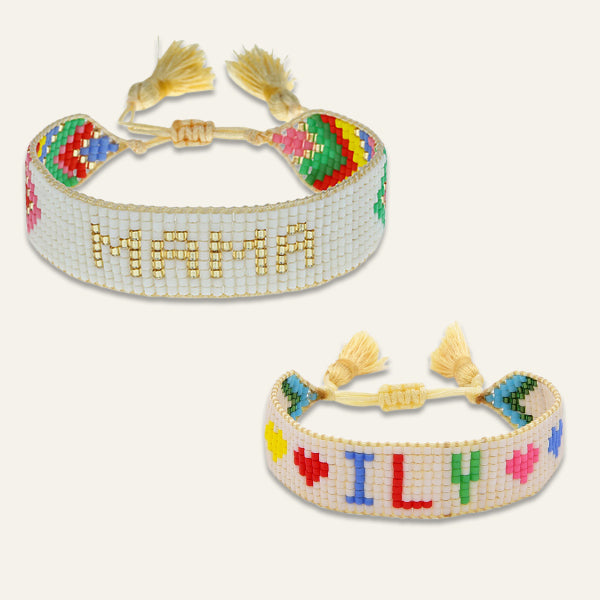 Mini & Me Chevron Mama + ILY Heart Beaded Bracelet Set