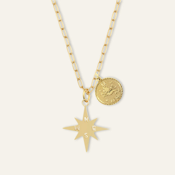Personalized Star Compass Necklace with Zodiac Charm