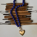 Long Lapis Lazuli Knotted Gemstone Necklace with Heart of Gold 