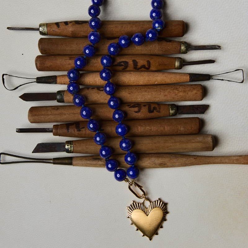 Long Lapis Lazuli Knotted Gemstone Necklace with Heart of Gold 