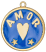 AMOR text with heart and two stars enamel blue round charm