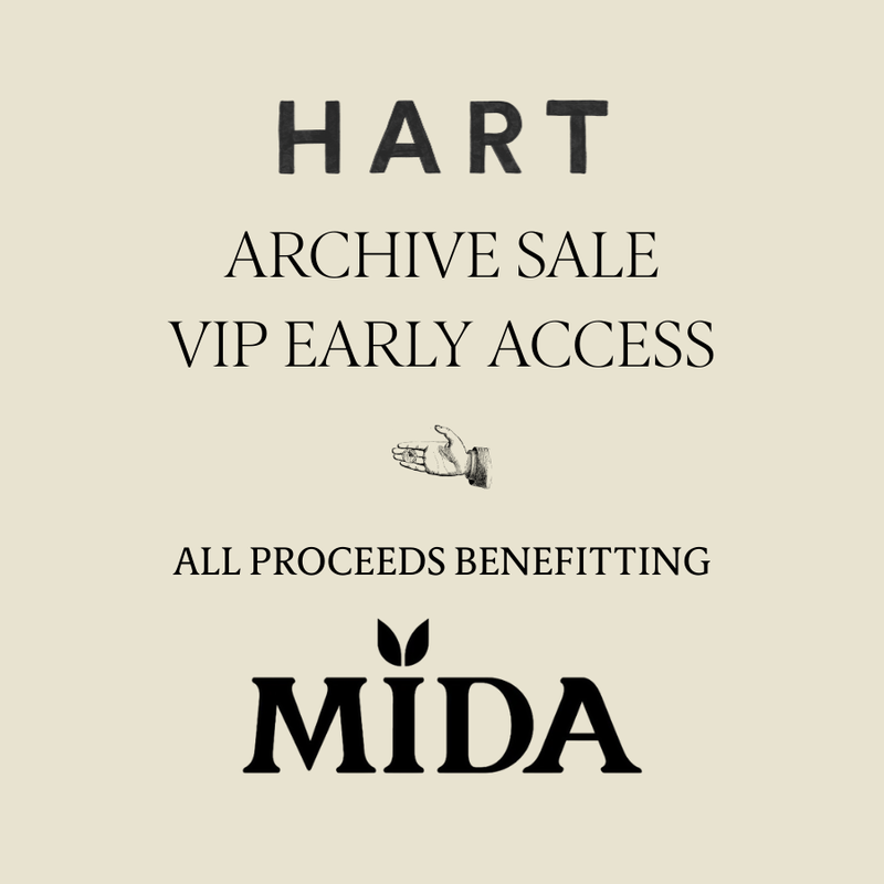 Promotional text for HART archive sale with MIDA logo on a beige background